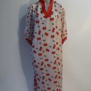 NWT Bululu Resort Wear "Villas" Dull Satin Cherries Print Red, Wht Maxi Dress L
